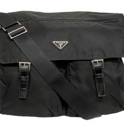 Pre Owned Prada Flap Double Pockets Nylon Leather Strap Shoulder Bag