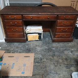Vintage Executive Desk - Double Pedestal, Carved Details, File Drawers - $325