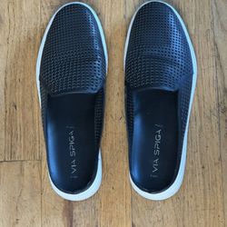 VIA SPIGA BLACK PERFORATED LEATHER WOMEN'S SLIP ON SHOES