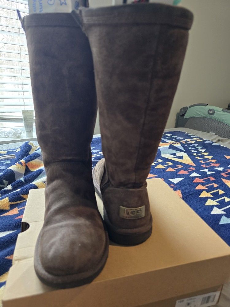 UGG Australia Wo's Boots 1890 KENLY Tall Brown Suede Zip Sheepskin Size 7