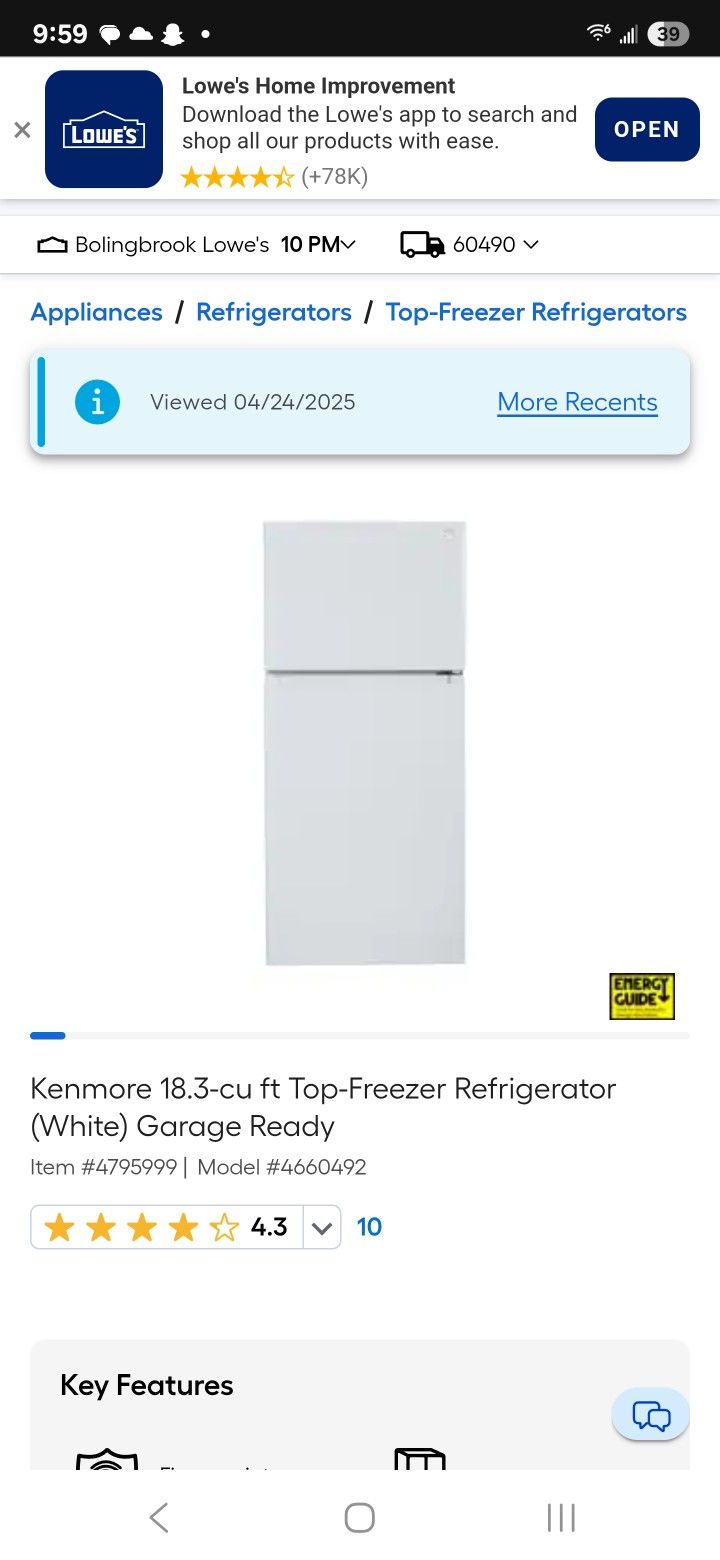 Kenmore Fridge - 18.3cu Ft - Garage Ready