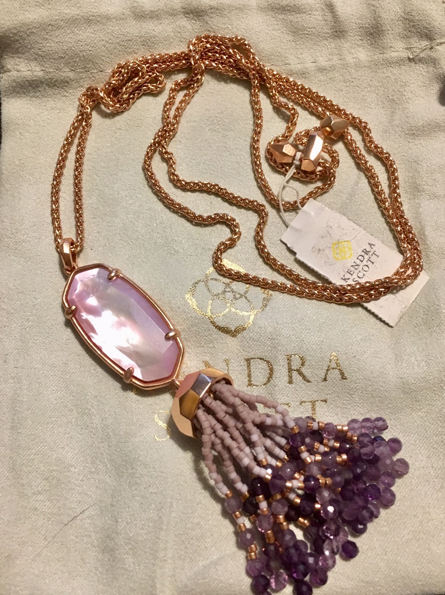 NWT Kendra Scott Eva Rose Gold Long Pendant Necklace In Lilac Mother Of Pearl