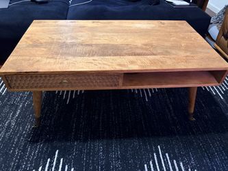 MID CENTURY MODERN COFFEE TABLE ON BRONZE WHEELS