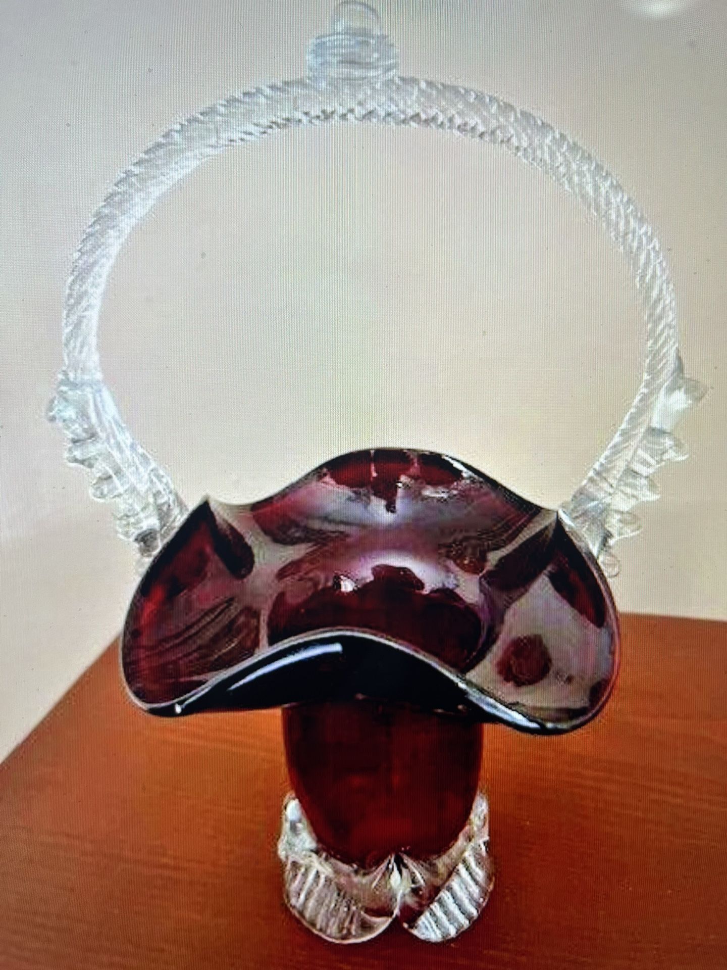 Vintage Murano Glass Centerpiece Basket White and Red