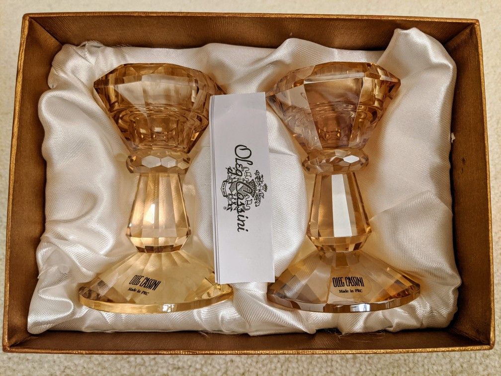 Oleg Cassini Amber Shimmer 4" Crystal Candle Holders Set of 2