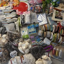 Large Craft Supplies Lot – Ribbons, Beads, Shells, DIY Decor