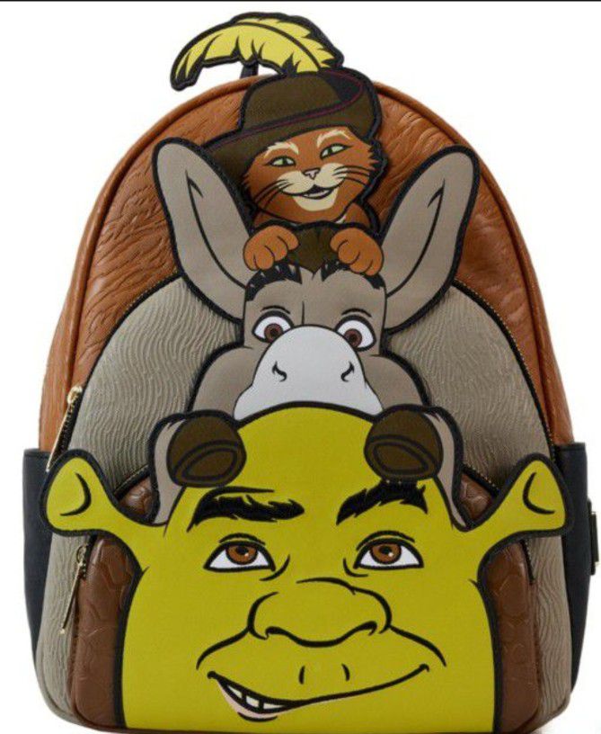 Loungefly Shrek, DONKEY & Puss And Boots Trio Exclusive Triple Pocket Backpack New With Tags 