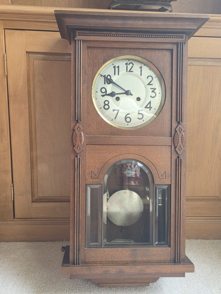 Antique German Wall Clock Junghans with Beveled Glass
