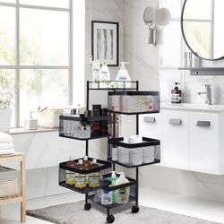 Kitchen Storage Rack Rotating Vegetable with Wheels Square White Multi-Layer Floor-Standing Rack-Rotating Vegetable Rack, Household Storage Shelf Can 