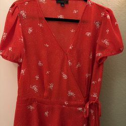 Red Wrap Blouse With Flowe Patterns. Medium Size