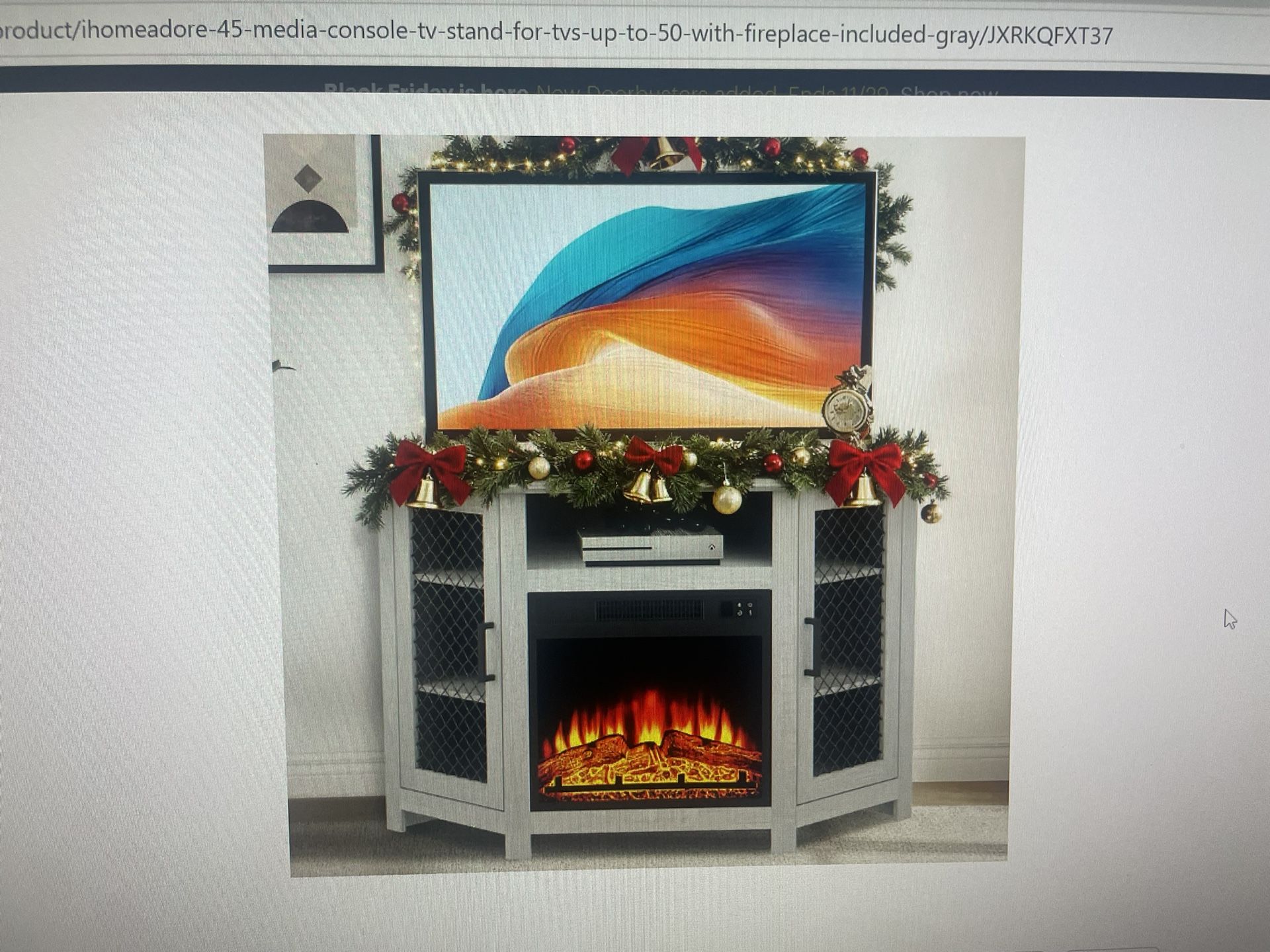 New 45 inch media console TV stand with fireplace included. It is brand new in the box has never been opened other than to confirm. The color is gray.