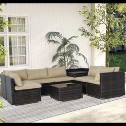 8 Piece Outdoor Wicker Rattan Patio Furniture Set, Glass Top Table with Hidden Storage, 7 Sofa Set, Extra Large Cushions, Natural Rattan with Black Cu