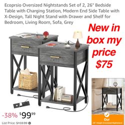 New in box Ecoprsio Oversized Nightstands Set of 2, 26" Bedside Table with Charging Station, Modern End Side Table with X-Design, Tall Night Stand wit