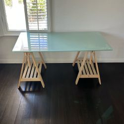 IKEA Glass Desk Top with Wodden Sawhorse Legs