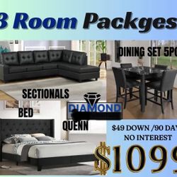 NEW 3 ROOM PACKAGE DEAL - BED DINING ROOM SECTIONAL SOFA- MATTRESS SPECIAL FINANCING 