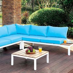 New Outdoor Sectional.  Strong, Durable Aluminum.  Blue Cushion.  98” X 98”.  Free Delivery!