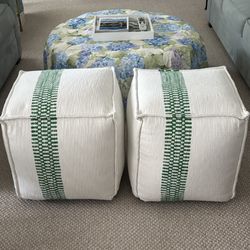 Set of 2 White and Green Indoor/Outdoor Pouf Stool Ottomans 