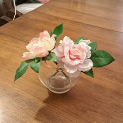 Lovely Pink & White Chinese Peony Silk Flowers In Round Glass Vase 