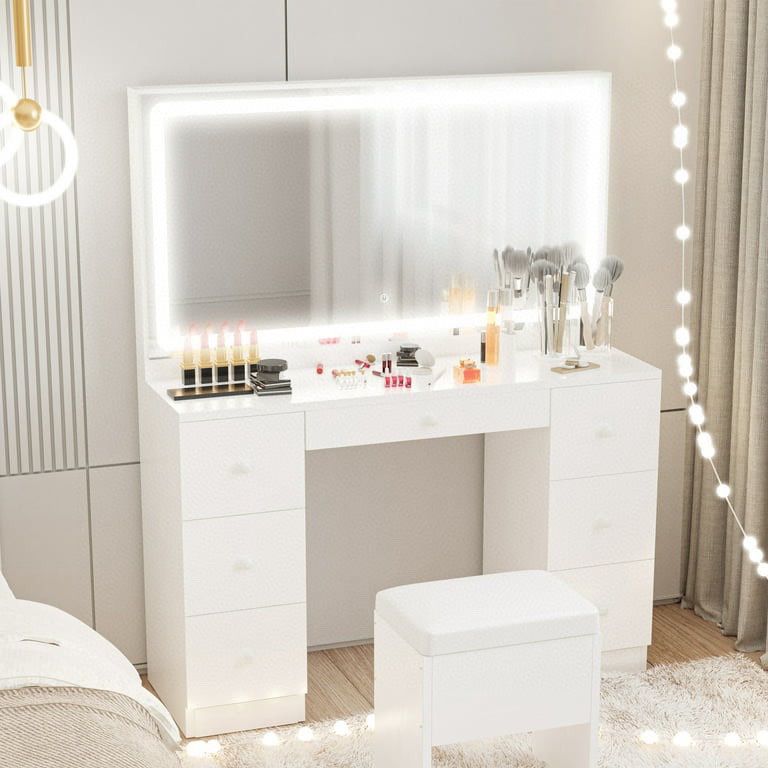 Vanity Desk Set with LED Lighted Mirror & Power Outlet, 7 Drawers Makeup Vanities Dressing Table with Stool, for Bedroom