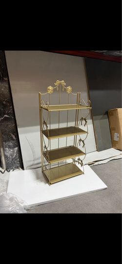 New Cute 4-Tier Folding Metal Shelving Bathroom Shelf,Gold Shelves Gold Bookshelf with Bow Decor and Flowers for Storage and Display in Living Room, B
