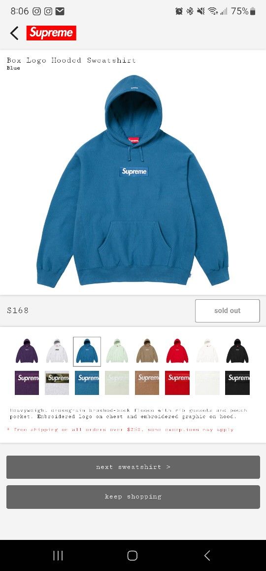 Supreme Hoodie box logo Large, and a New Era Beanie, both matching blue