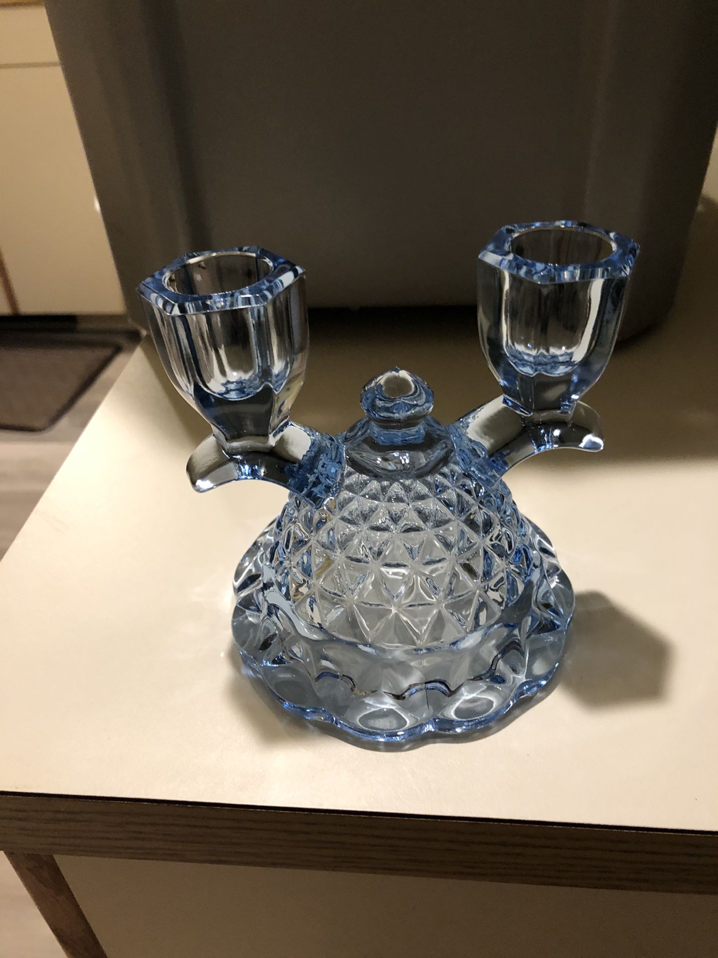 Antique light blue glass candle holder And Matching Fruit Bowl