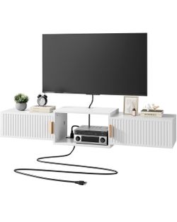 White Floating TV Stand with Cabinet Doors