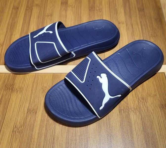 Puma Unisex Popcat Slide Sandal, Peacoat Blue And White Size 8