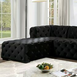 Beautiful Black Velvet Sectional All Over Button Tuft Chaise On Left Side Firm Price $1,699 Financing Available Brand New In Box 