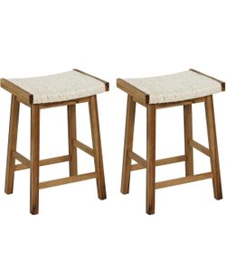 COSTWAY Dining Saddle Stools Set of 2, 25.5-inch Counter Height Chairs with Seaweed Woven Seat, Rubber Wood, Acacia Wood Frame, Footrests, Backless Ba