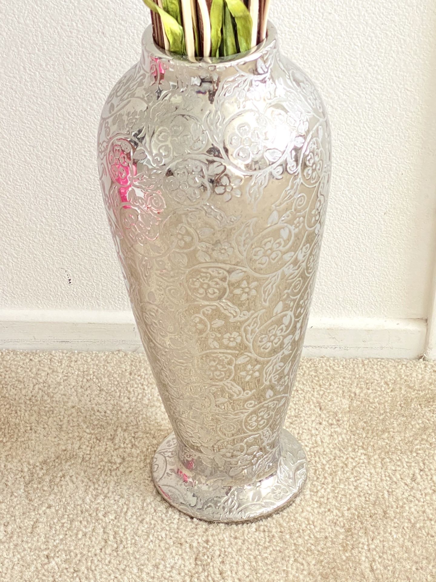 Silver Floral 🥀 Vase 🏺 With Blue 💙 Arrangement 17” tall 7” wide NEED GONE!