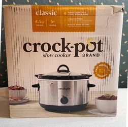 New, Crock-Pot4.5 qt Slow Cooker Silver: Ceramic, Glass, Stainless Steel, 3 Settings,Stay-Cool Handles, Dishwasher-Safe