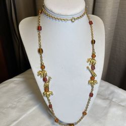 Gold Tone Chain, Glass Beads And African Animals Necklace