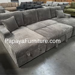 Plush 120” Ultra Large Sectional Sofa Bed, Double Chaise Sectional, Super Comfort Corduroy Couch, Sectional, Sofa, Couch, U-Shaped Couch, Sleeper Sofa