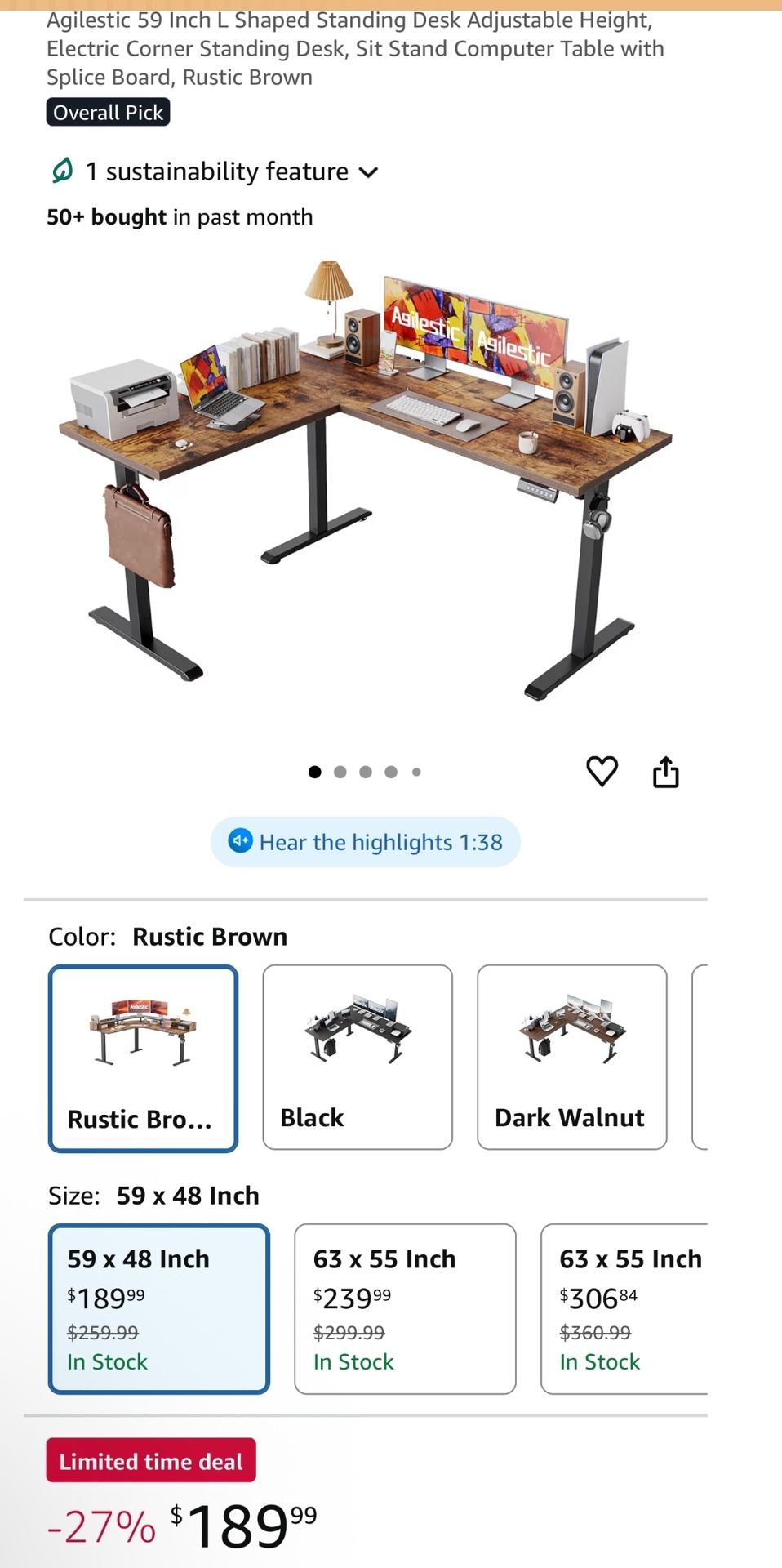 Agilestic 59 Inch L Shaped Standing Desk Adjustable Height, Electric Corner Standing Desk, Sit Stand Computer Table with Splice Board, Rustic Brown Ru