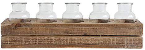 Creative Co-Op Wood Crate with 5 Glass Bottles Bud Vase Set, Brown, 6 Piece