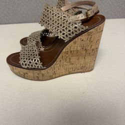 NIB Tory Burch Daisy Floral Wedge Sandal Platinum Us 7.5 Metallic 
