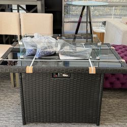 44” Propane Gas Fire Pit Table – 55,000 BTU Rectangular Outdoor Firepit with Black Rattan Base and Elegant Black Tempered Glass Top, includes Glass Wi