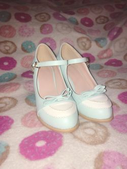 Lolita heels: baby blue with bows and heart charm. Size: 36 EU (5.5 US). Not used