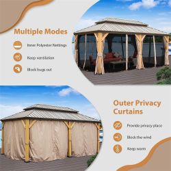 12'x20' Hardtop Gazebo, Outdoor Cedar Wood Frame Canopy with Galvanized Steel Double Roof, Outdoor Permanent Metal Pavilion with Curtains and Netting 