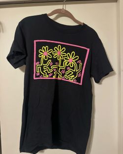 Keith Haring Black, Pink, Yellow Flower Design Print T-Shirt