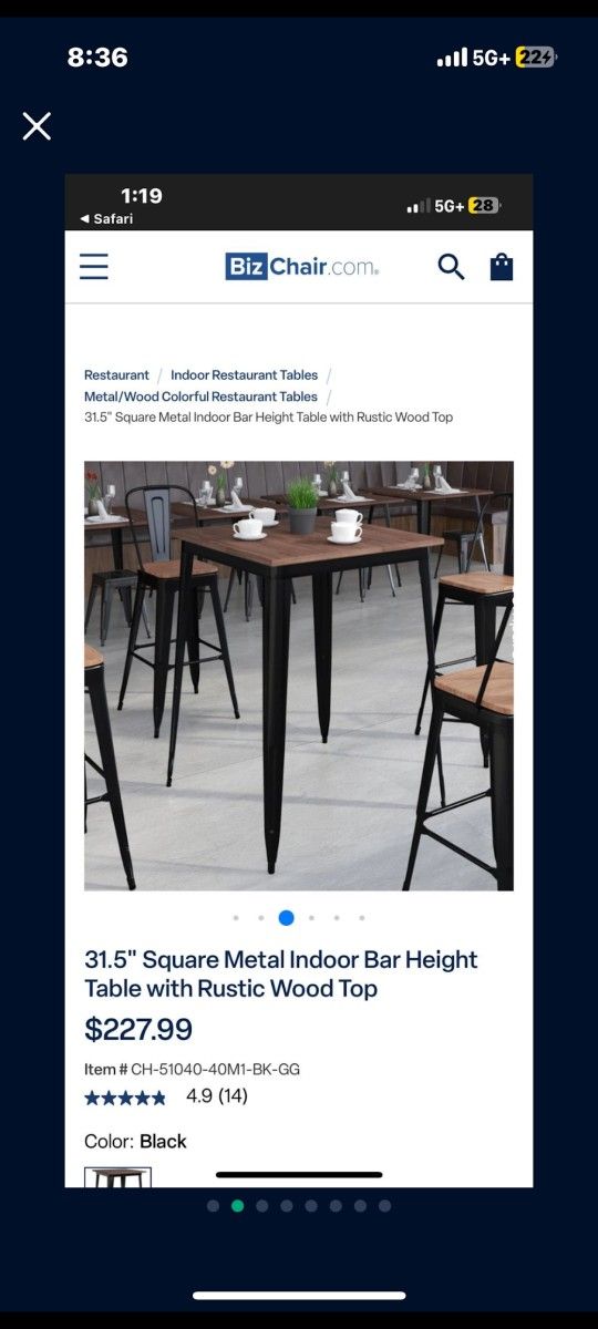 31.5" Square Metal Indoor Bar Height Table with Rustic Wood Top