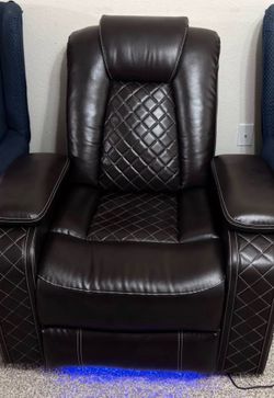 Dark Brown Faux Leather Power Theater Recliner with LED Lighting electric