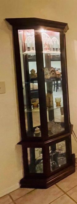 Dark Wood Corner Curio Cabinet with Glass Shelves and Lighting