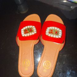Red Slide Sandals with Gold Emblem Size 40