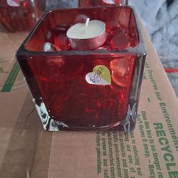 New,  Red Glass Candle Holder With Red Marbles
