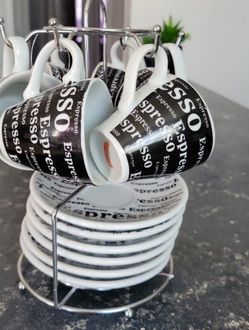 BC classics 6 Black White Espresso Cups W/ matching.
