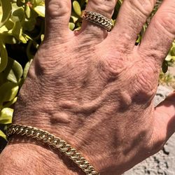 Mens 10KT Italy Gold 8.75" Semi Hollow Cuban Bracelet 7.1 MM and 10KT Gold CUBAN RING Size 10.5