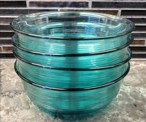 VINTAGE ARCOROC FRANCE LOT OF 4 TEAL GREEN RIBBED GLASS SOUP CEREAL 5 1/2" BOWLS
