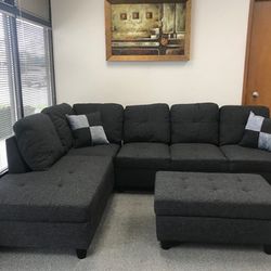 Charcoal Linen Sectional Couch And Ottoman